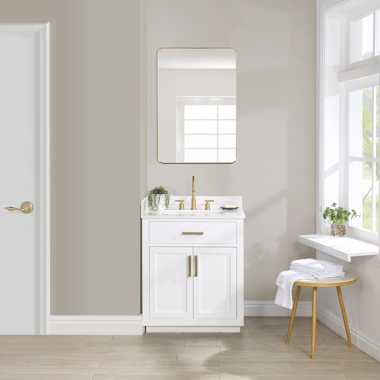 Gavino 30" Single Bathroom Vanity with Single Ceramic Sink, Grain White Composite Stone Countertop with Mirror