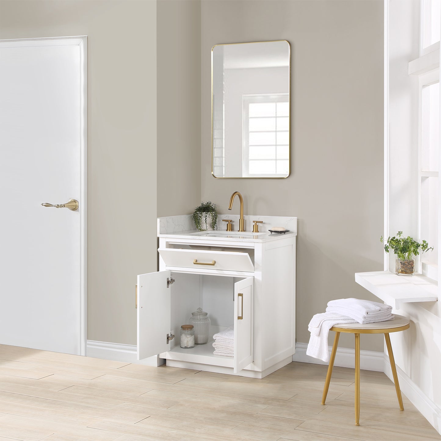 Gavino 30" Single Bathroom Vanity with Single Ceramic Sink, Grain White Composite Stone Countertop with Mirror