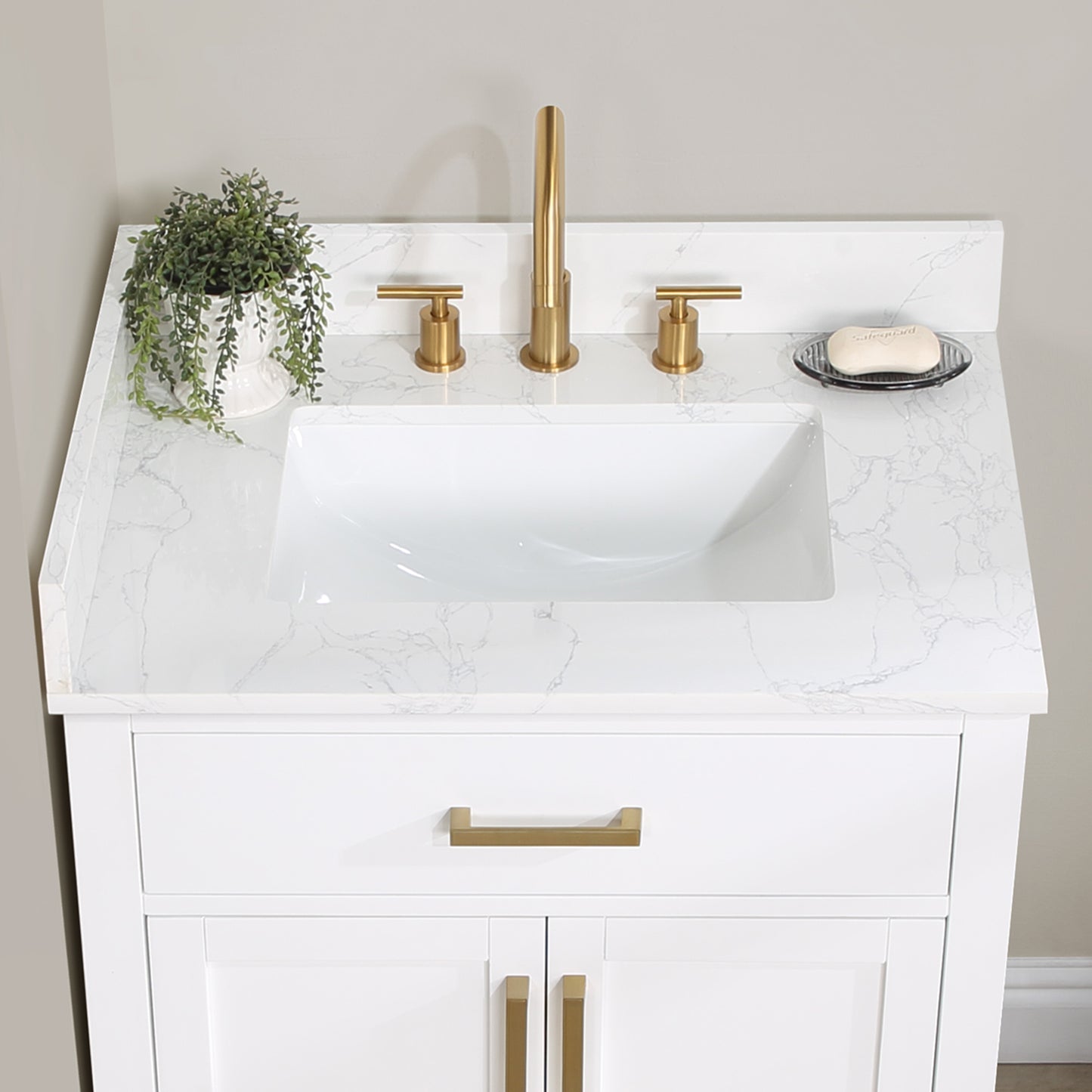 Gavino 30" Single Bathroom Vanity with Single Ceramic Sink, Grain White Composite Stone Countertop with Mirror