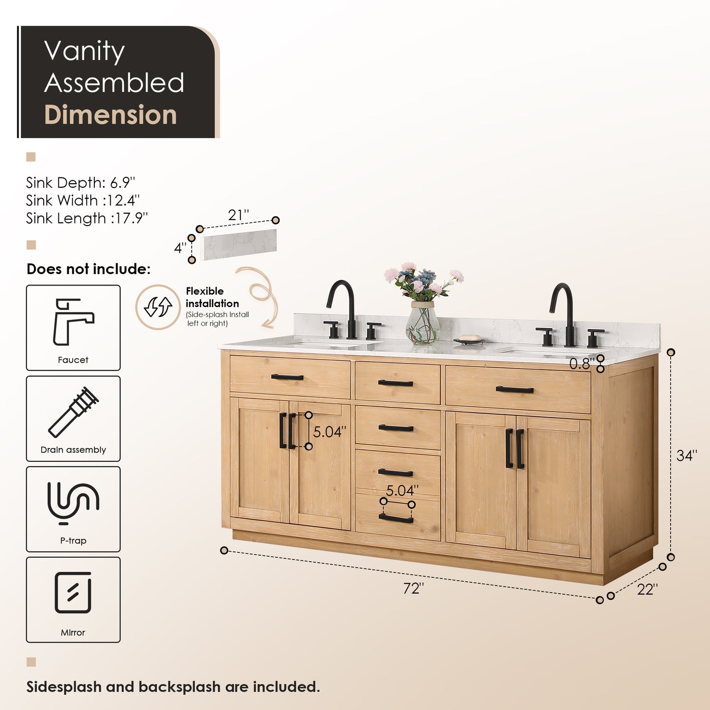 Altair Gavino 72" Double Sink Bathroom Vanity, Light Brown, Stone Top