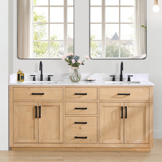 Altair Gavino 72 Double Sink Bathroom Vanity in light brown with stone top and modern faucets.