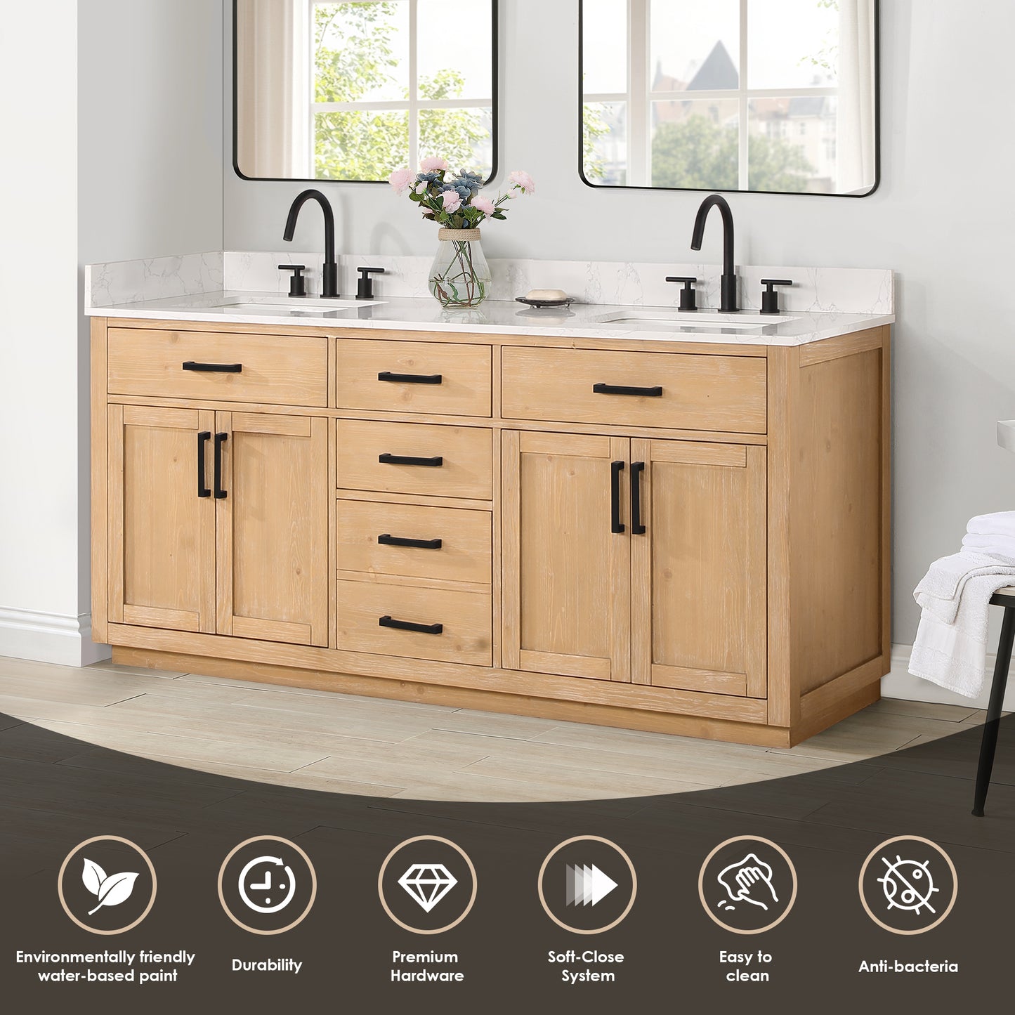 Altair Gavino 72" Double Sink Bathroom Vanity, Light Brown, Stone Top