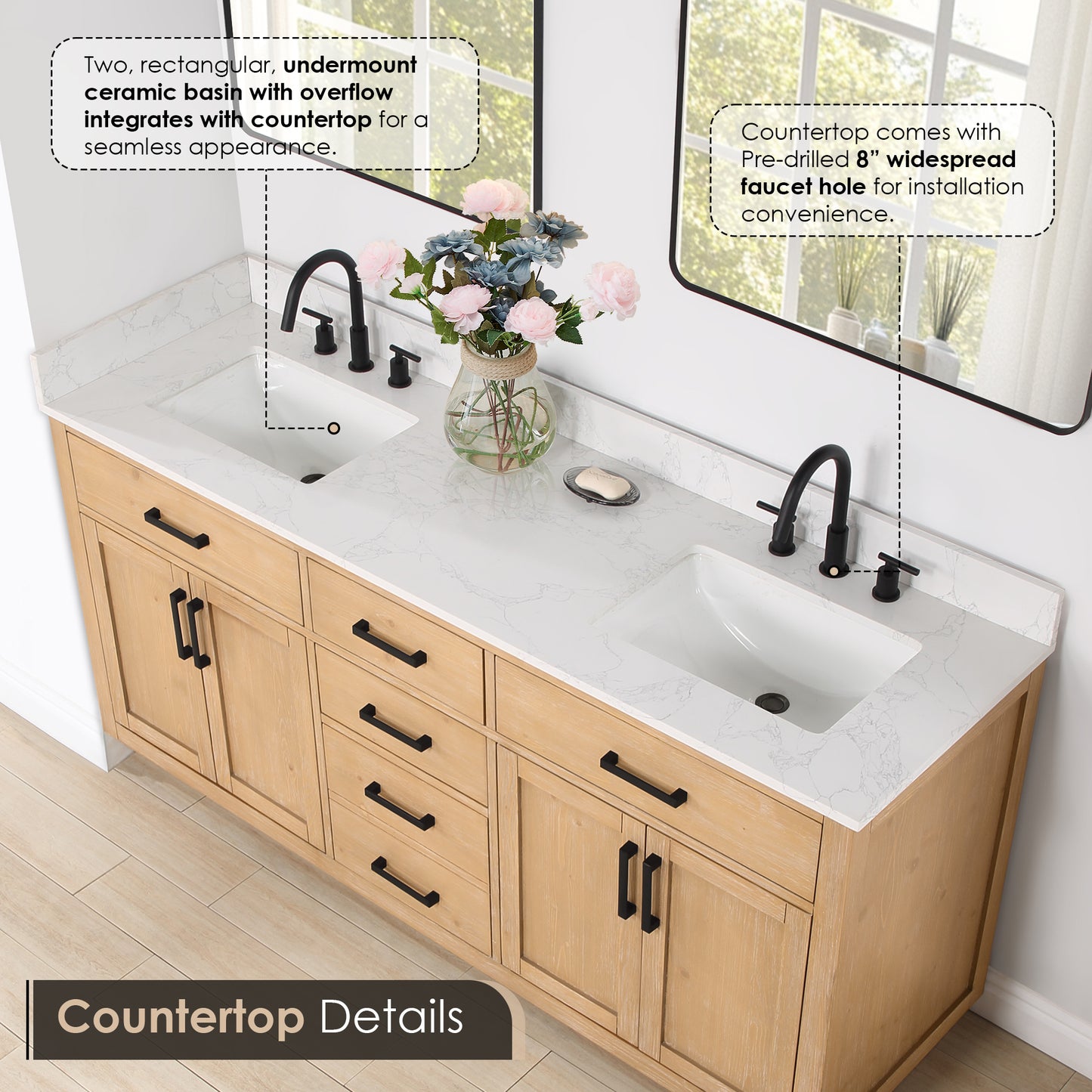 Altair Gavino 72" Double Sink Bathroom Vanity, Light Brown, Stone Top