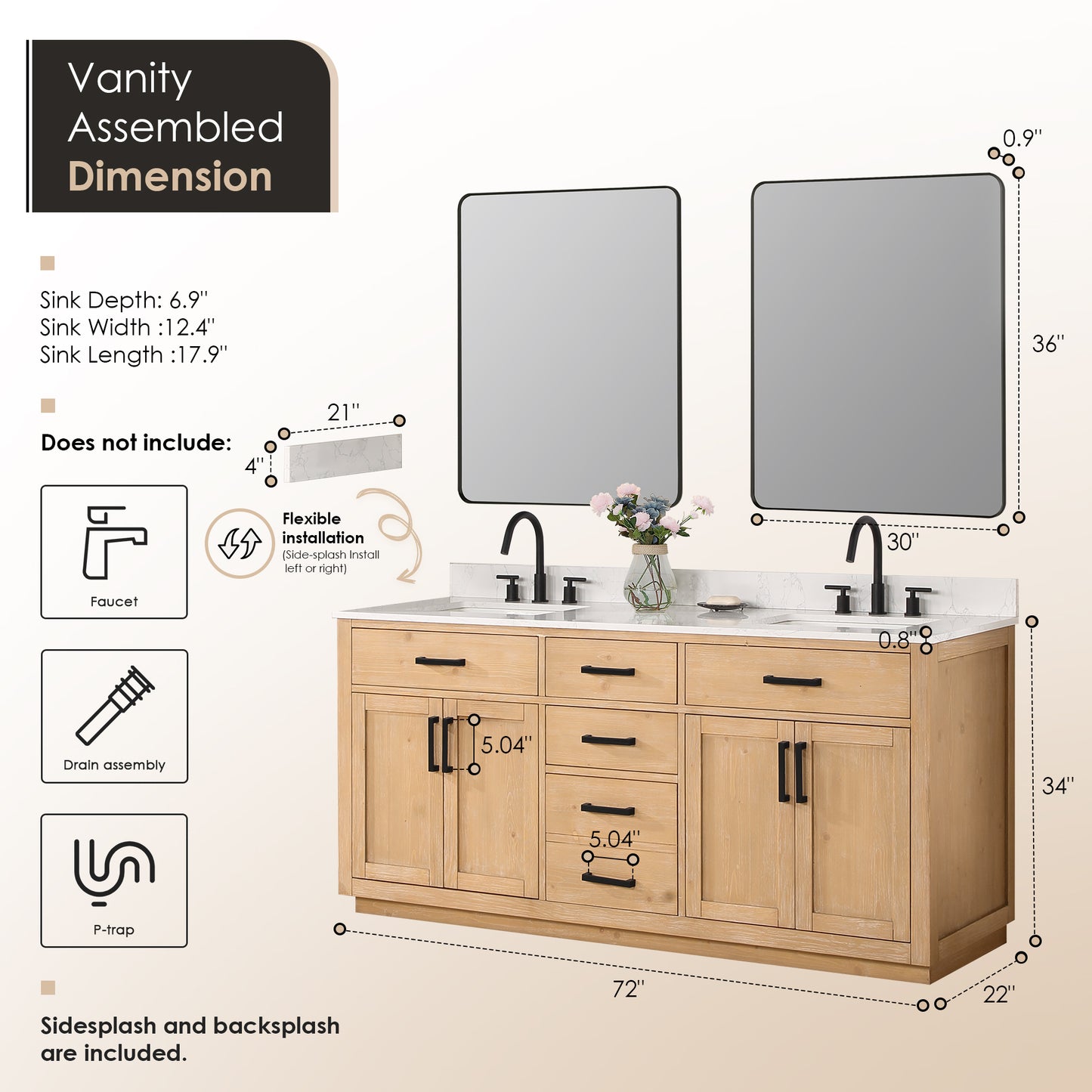 Altair Gavino 72" Double Sink Bathroom Vanity, Light Brown, Stone Top