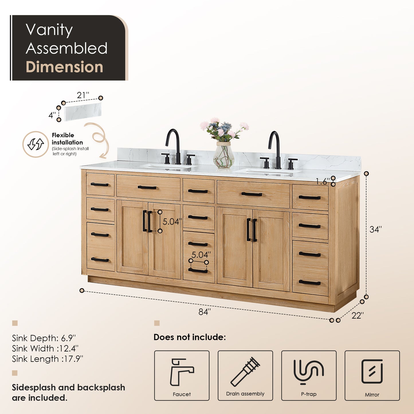 Altair Gavino 84" Double Sink Bathroom Vanity, Light Brown, Stone Top