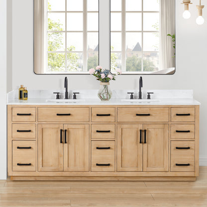 Altair Gavino 84" Double Sink Bathroom Vanity, Light Brown, Stone Top