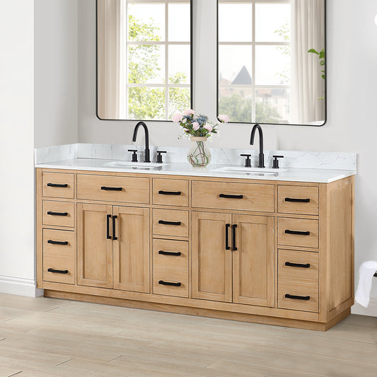 Altair Gavino 84 Double Sink Bathroom Vanity with light brown finish and stone top in modern bathroom setting.