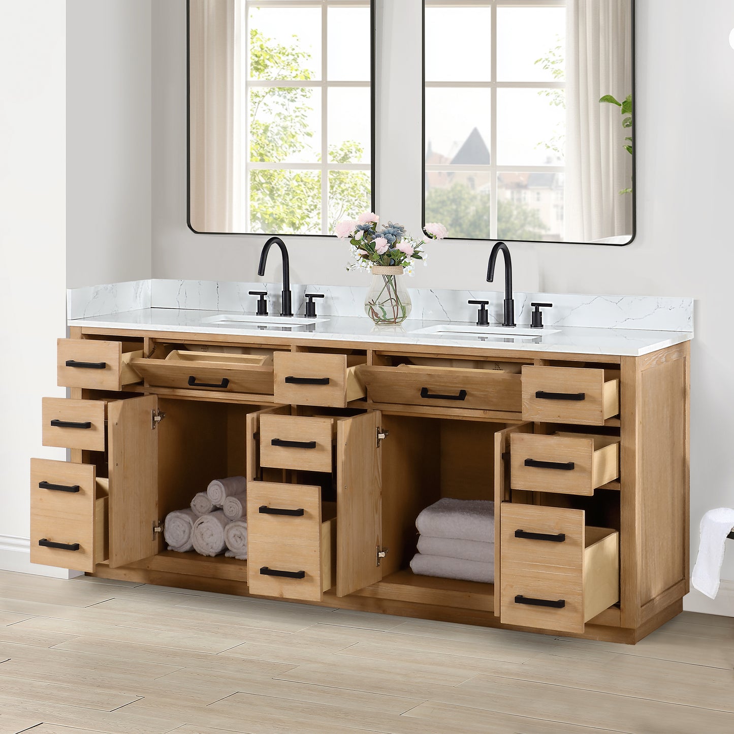 Altair Gavino 84" Double Sink Bathroom Vanity, Light Brown, Stone Top
