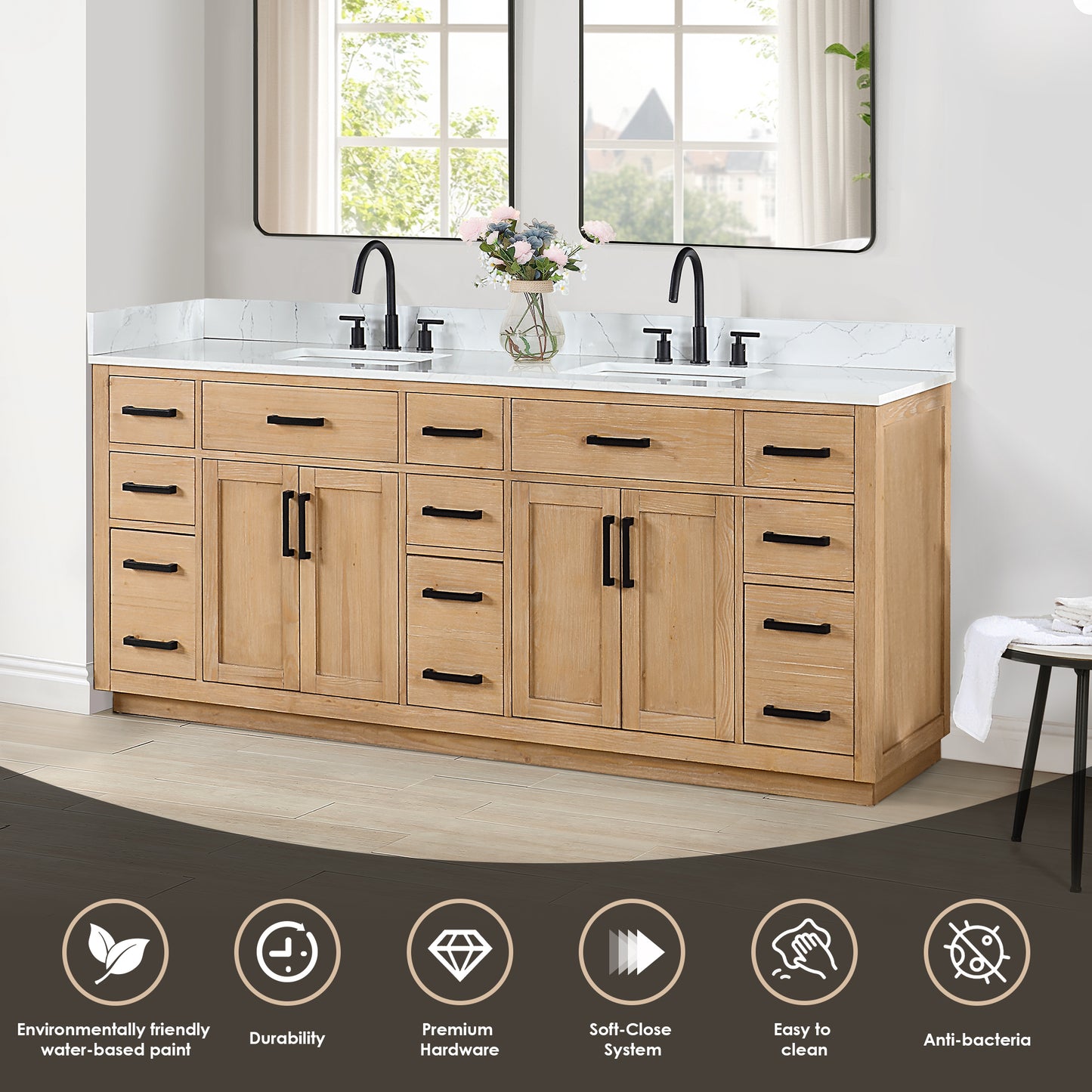 Altair Gavino 84" Double Sink Bathroom Vanity, Light Brown, Stone Top