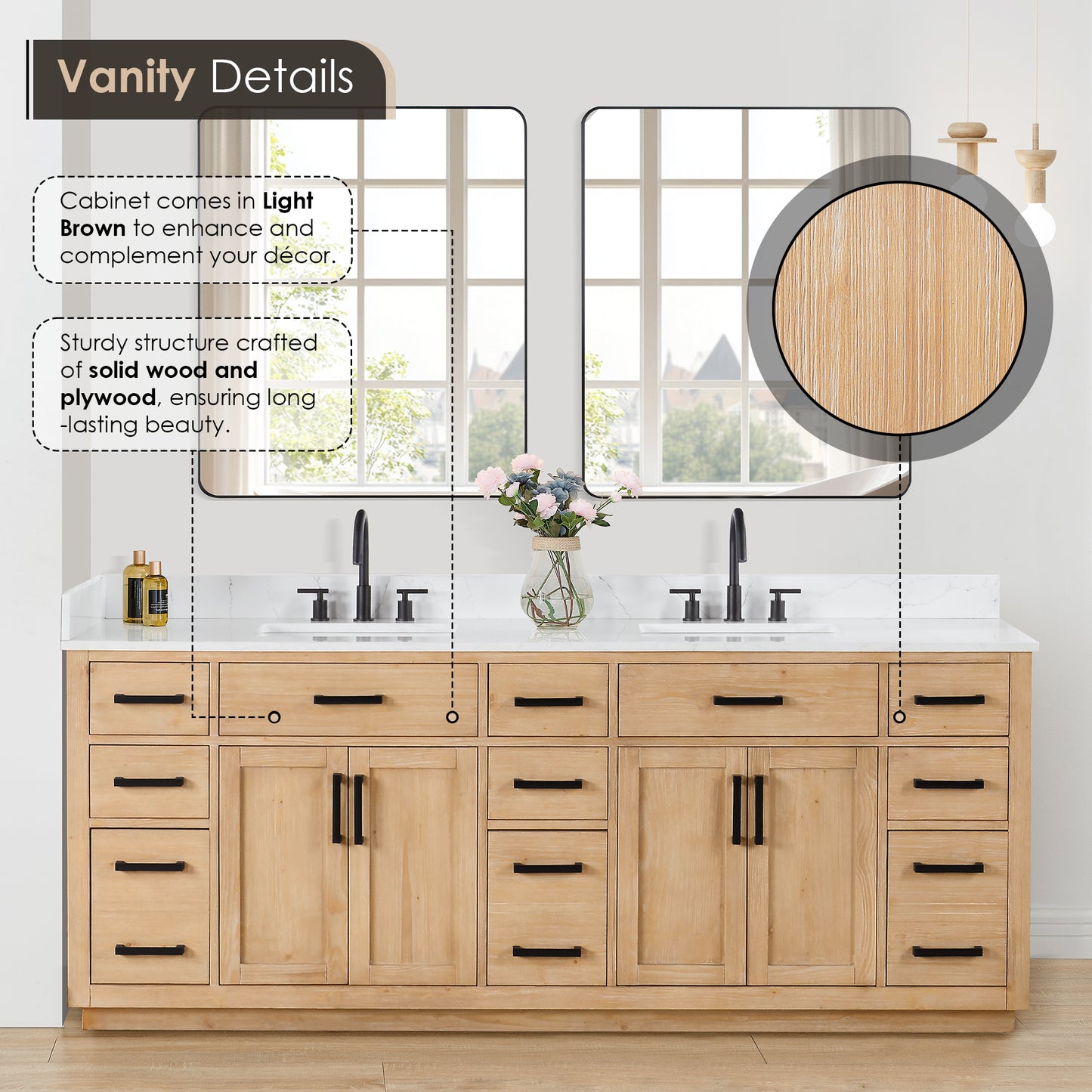 Altair Gavino 84" Double Sink Bathroom Vanity, Light Brown, Stone Top