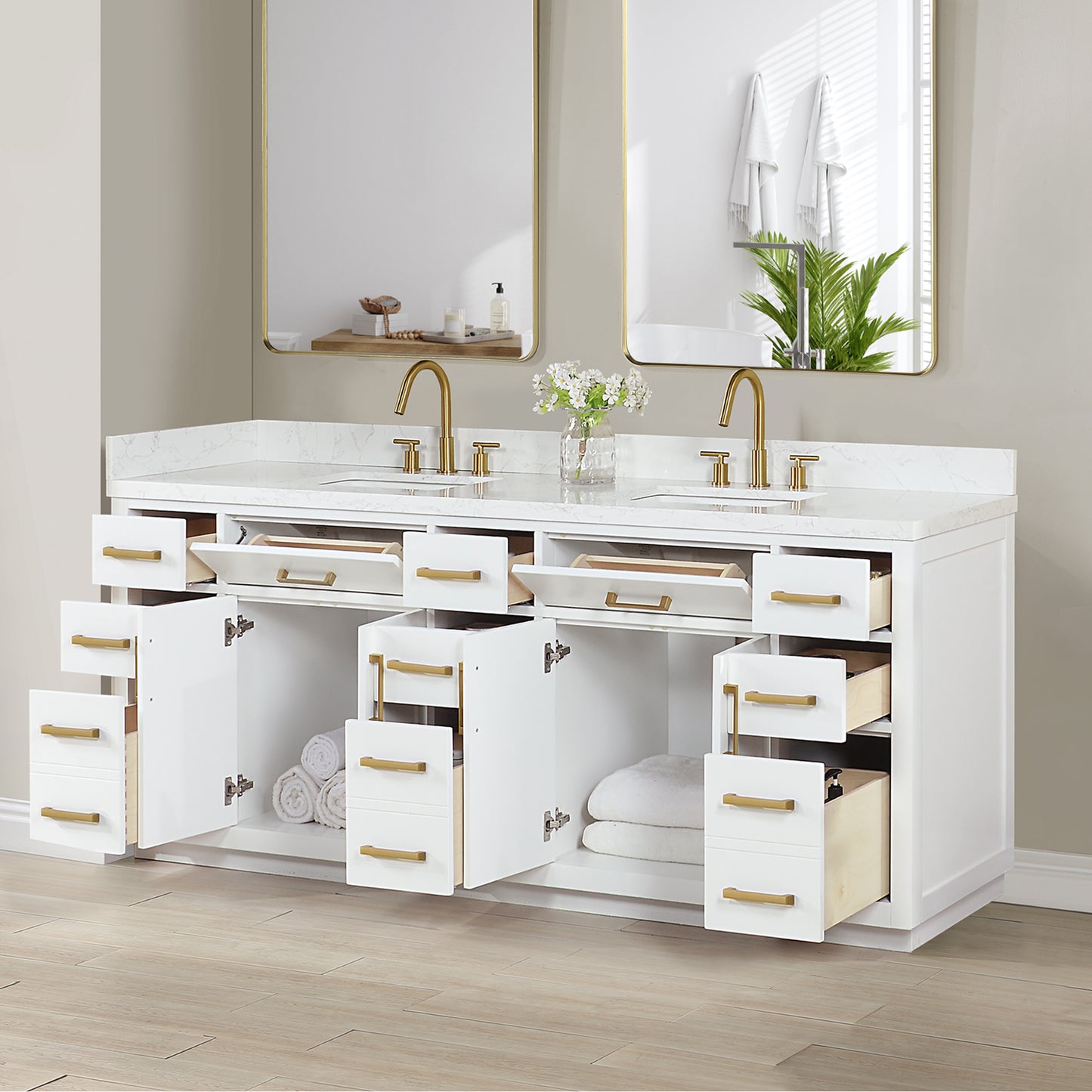 Altair Gavino 84" Double Sink Bathroom Vanity, Light Brown, Stone Top