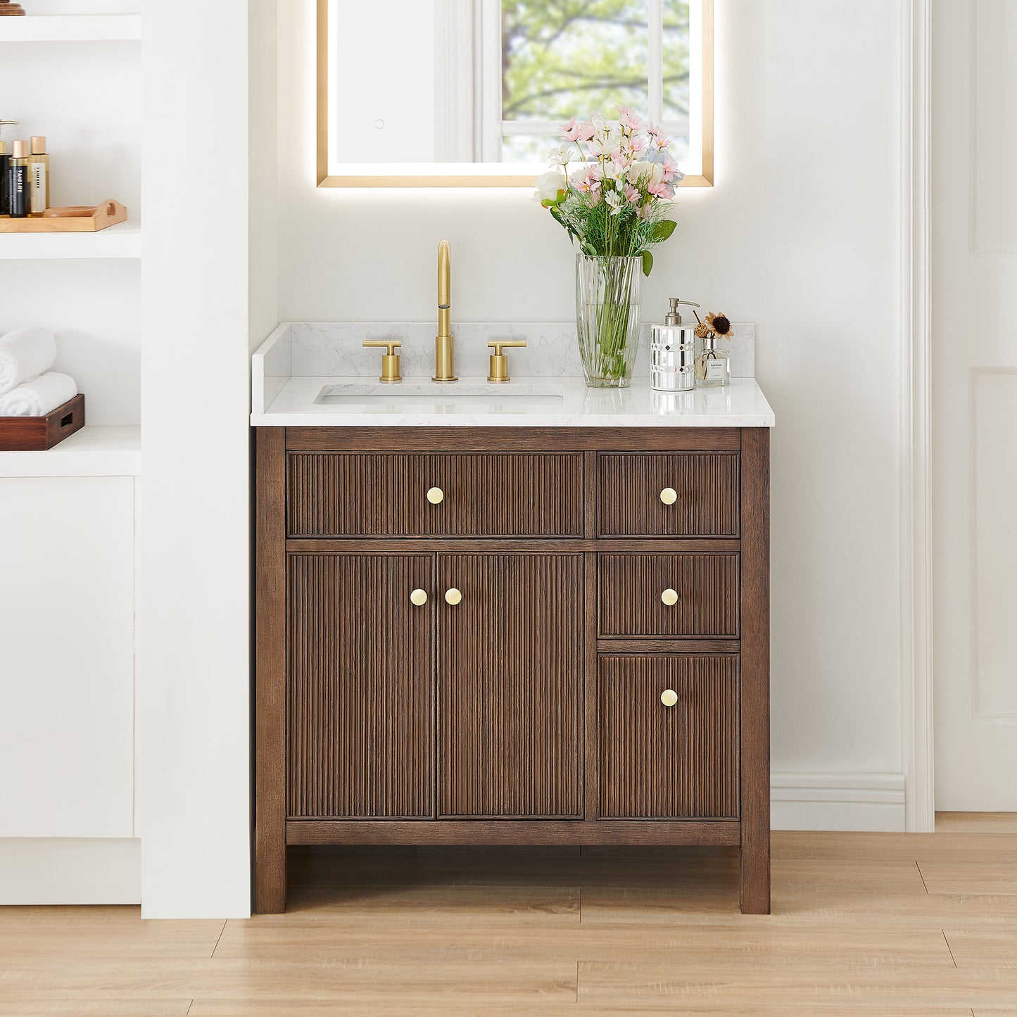 Altair Cerrito 36" Single Sink Bathroom Vanity, Natural Oak, Stone Top
