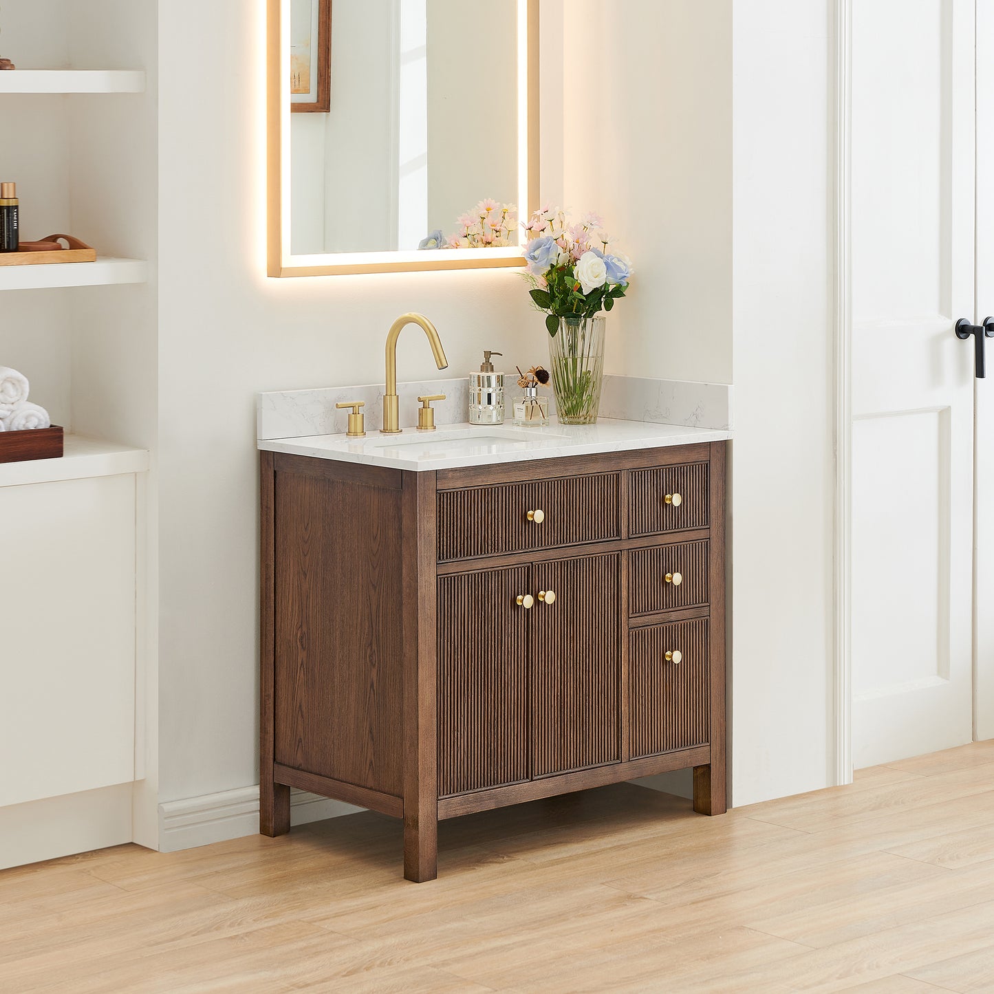 Altair Cerrito 36" Single Sink Bathroom Vanity, Natural Oak, Stone Top