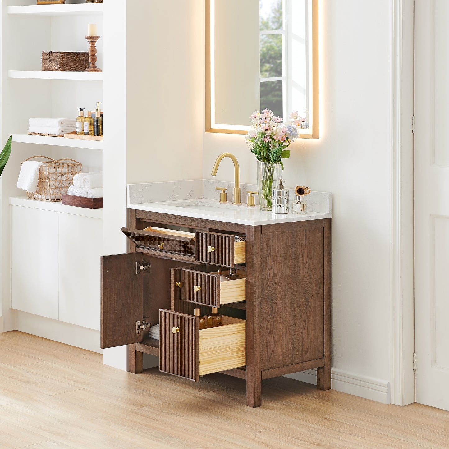 Altair Cerrito 36" Single Sink Bathroom Vanity, Natural Oak, Stone Top