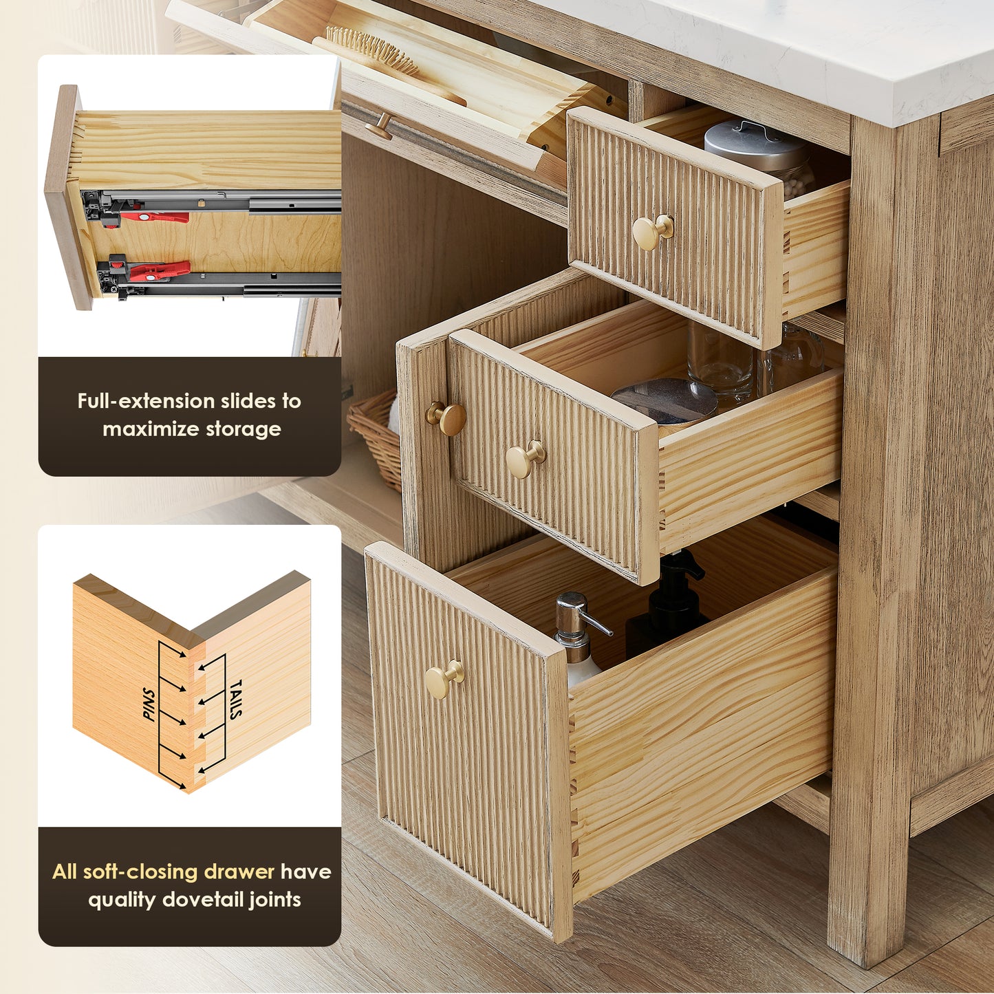 Altair Cerrito 36" Single Sink Bathroom Vanity, Natural Oak, Stone Top