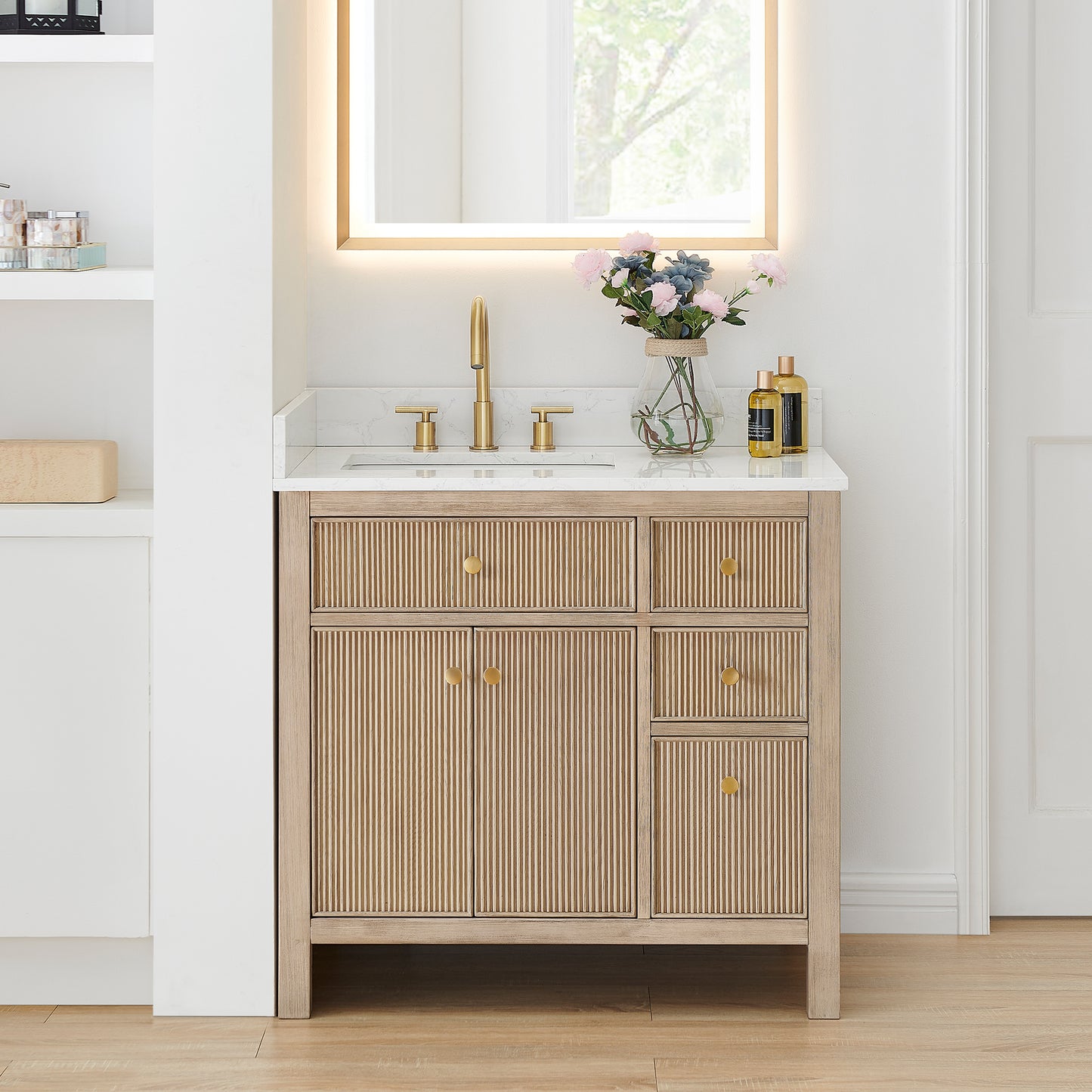 Altair Cerrito 36" Single Sink Bathroom Vanity, Natural Oak, Stone Top