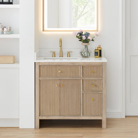 Altair Cerrito 36 Single Sink Bathroom Vanity in Natural Oak with Stone Top and Gold Fixtures