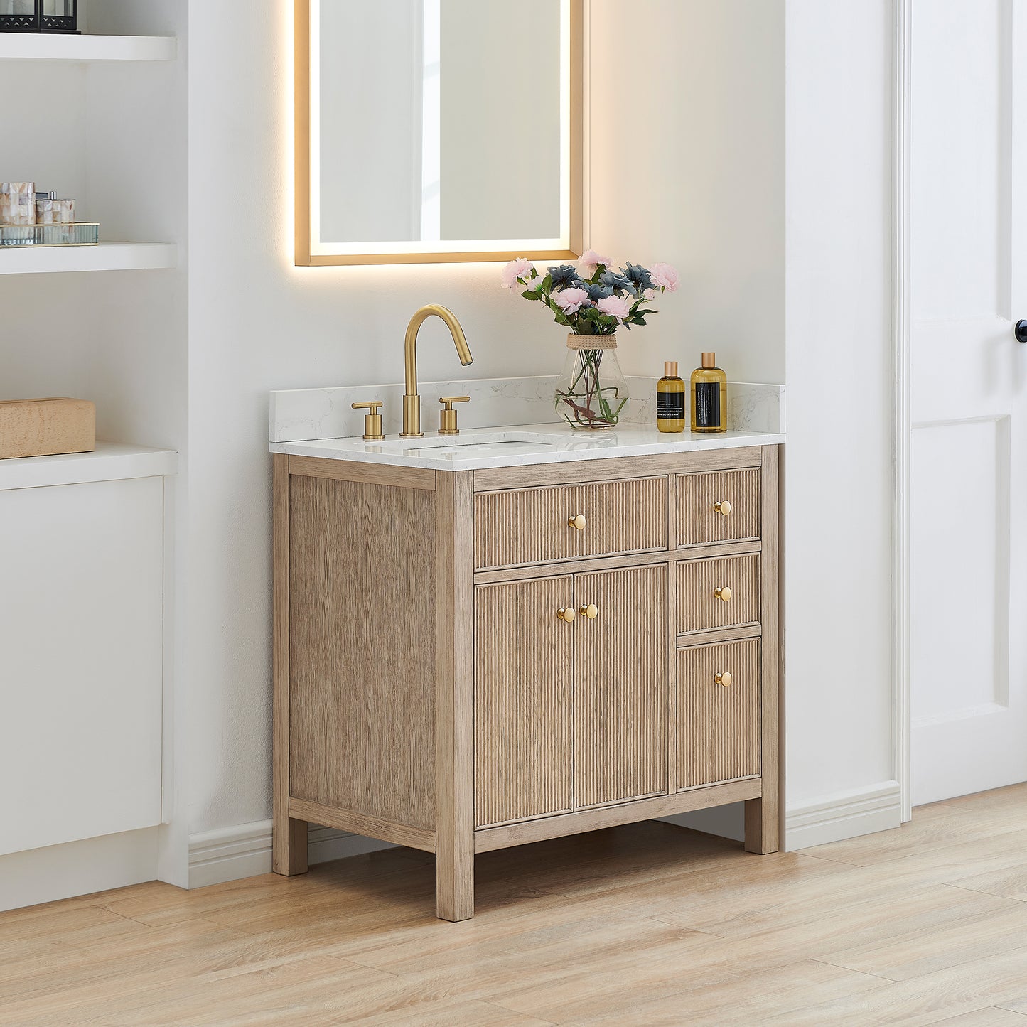 Altair Cerrito 36" Single Sink Bathroom Vanity, Natural Oak, Stone Top