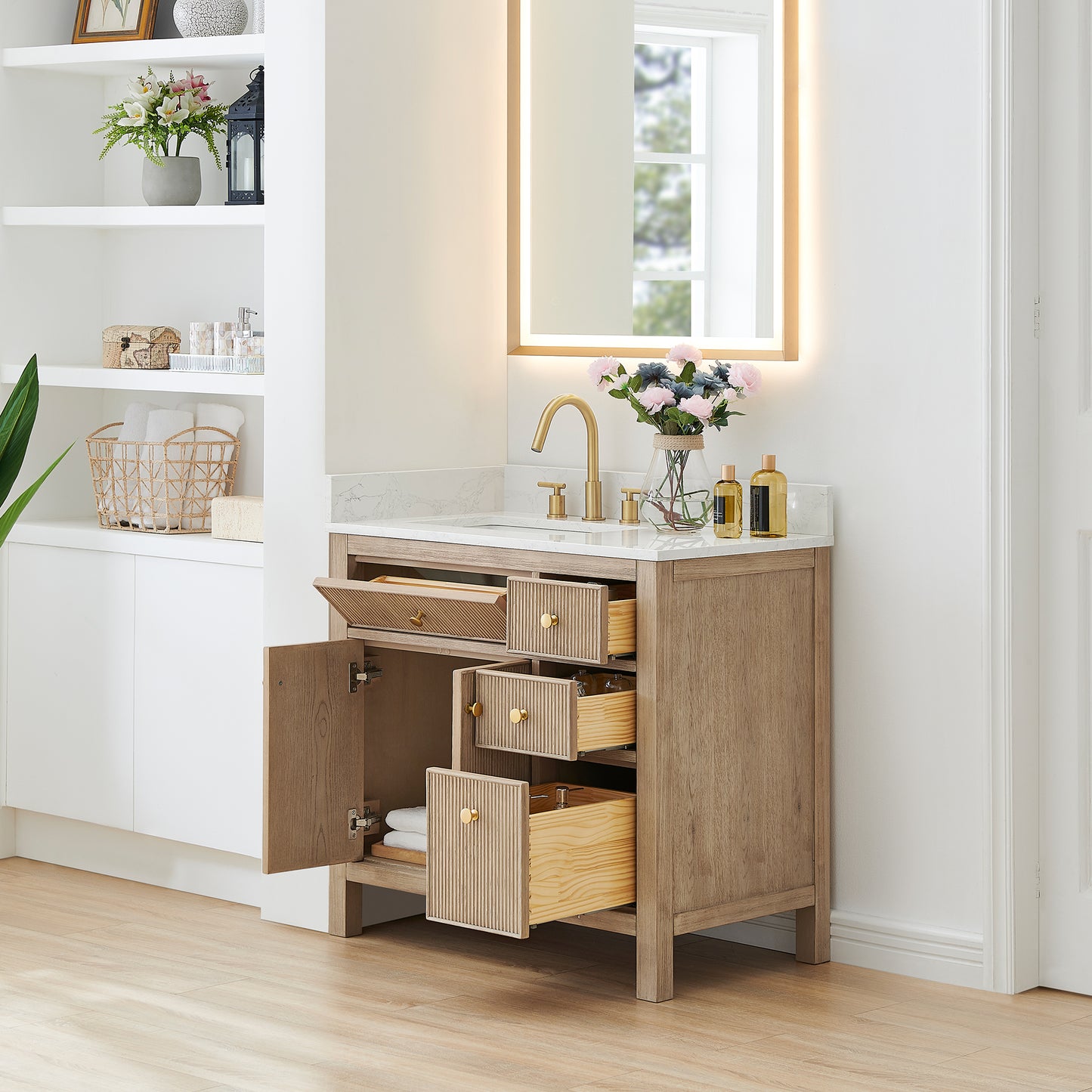 Altair Cerrito 36" Single Sink Bathroom Vanity, Natural Oak, Stone Top