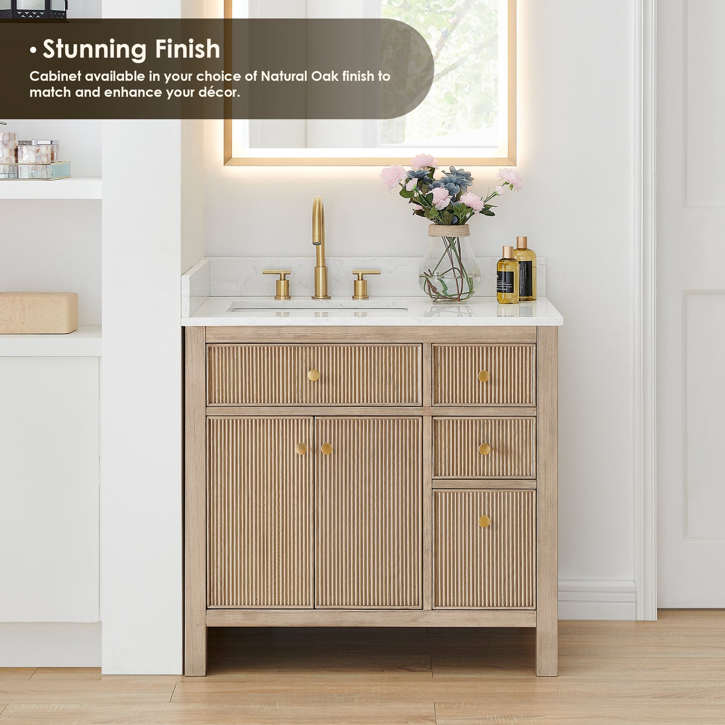 Altair Cerrito 36" Single Sink Bathroom Vanity, Natural Oak, Stone Top