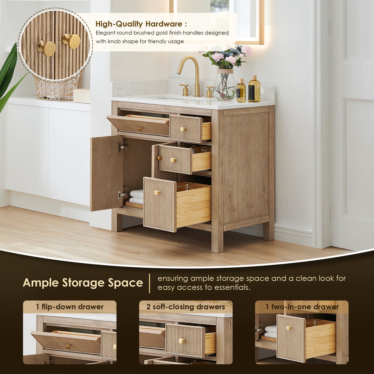 Altair Cerrito 36" Single Sink Bathroom Vanity, Natural Oak, Stone Top