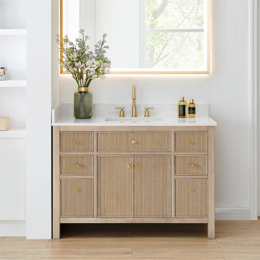 Altair Cerrito 48 Single Sink Bathroom Vanity with stone top and natural oak finish.
