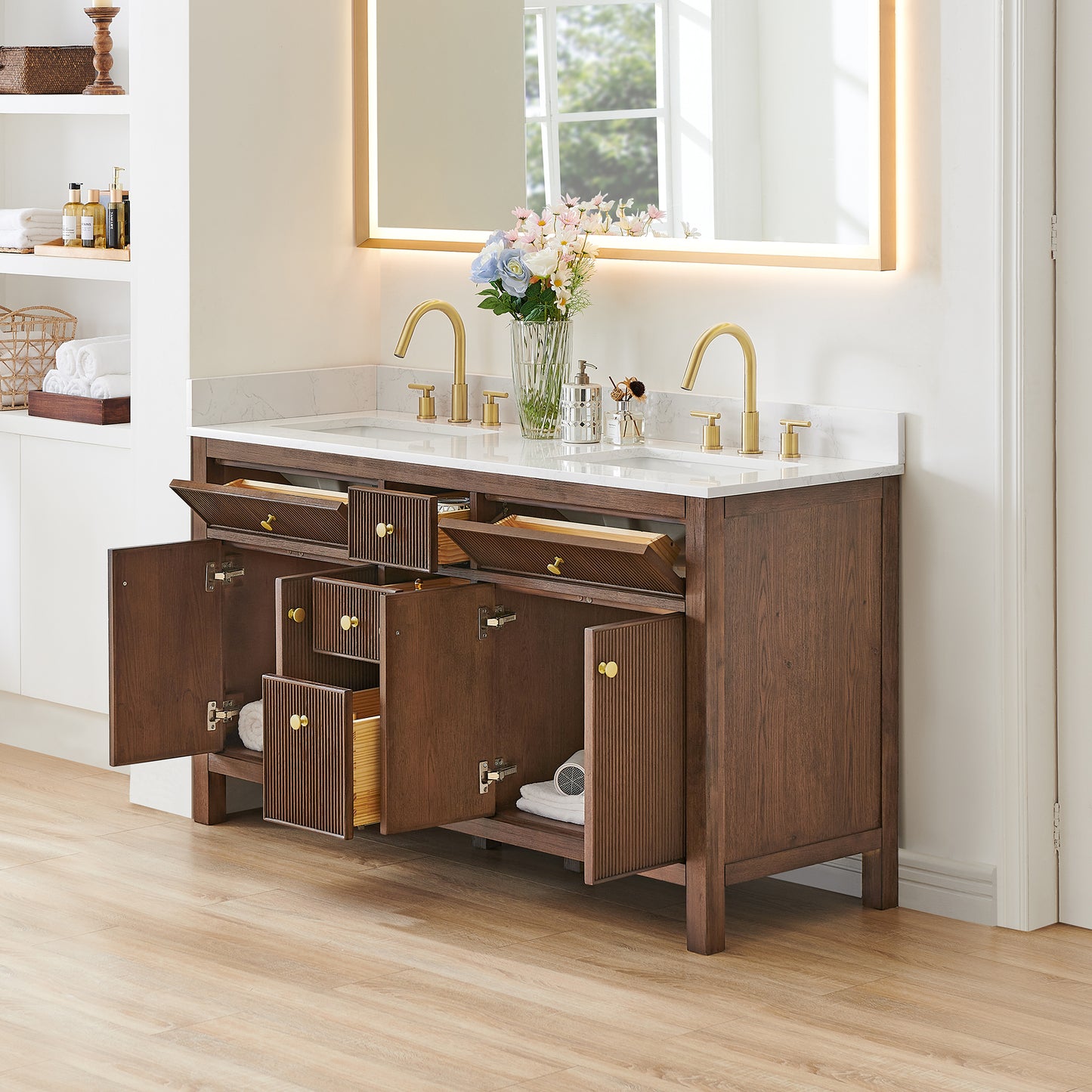 Altair Cerrito 60" Double Sink Bathroom Vanity, Natural Oak, Stone Top