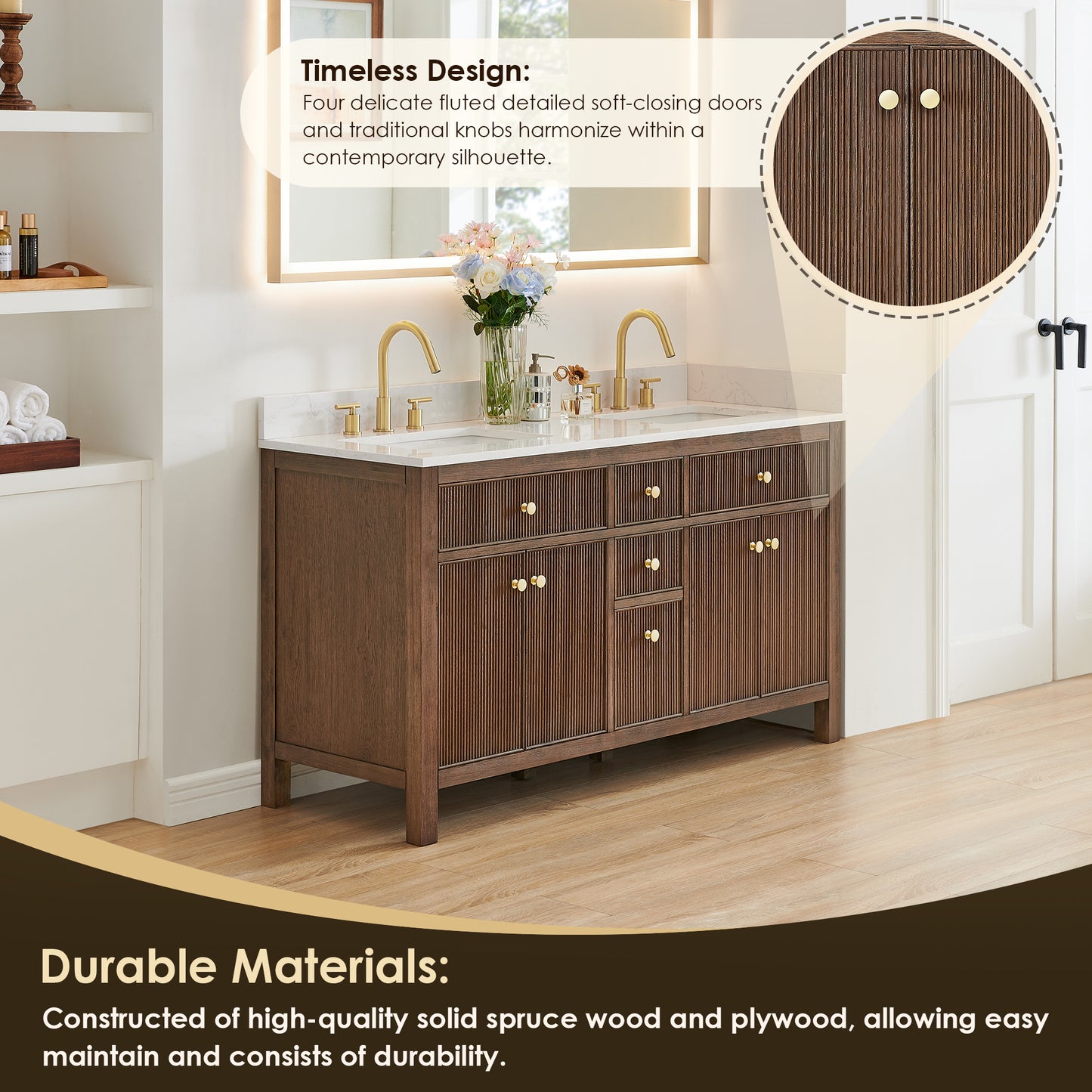 Altair Cerrito 60" Double Sink Bathroom Vanity, Natural Oak, Stone Top