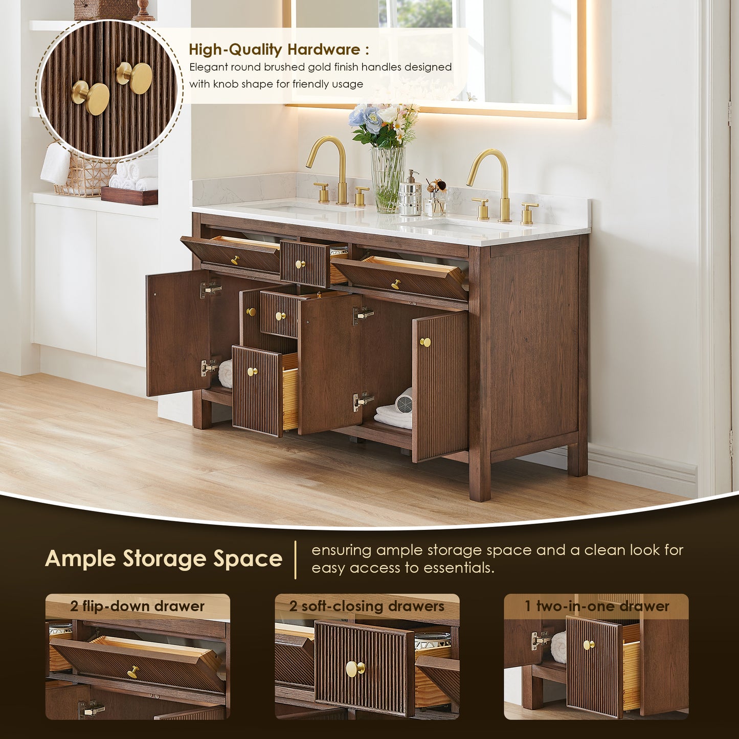 Altair Cerrito 60" Double Sink Bathroom Vanity, Natural Oak, Stone Top