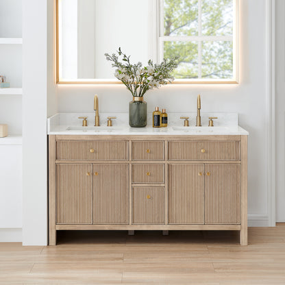 Altair Cerrito 60" Double Sink Bathroom Vanity, Natural Oak, Stone Top