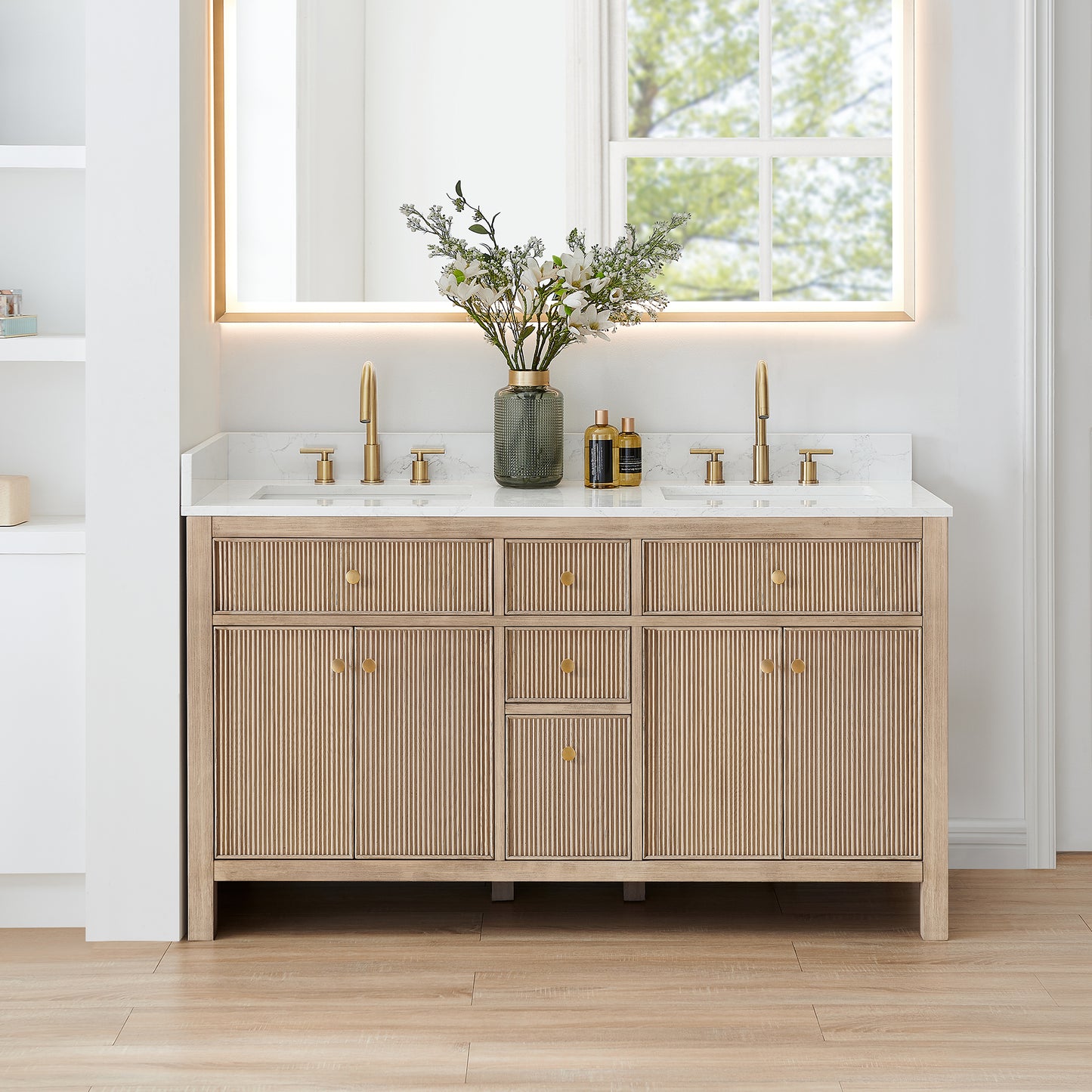 Altair Cerrito 60" Double Sink Bathroom Vanity, Natural Oak, Stone Top