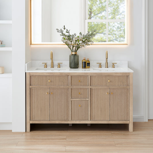 Altair Cerrito 60 Double Sink Bathroom Vanity in natural oak finish with stone top and stylish gold fixtures.