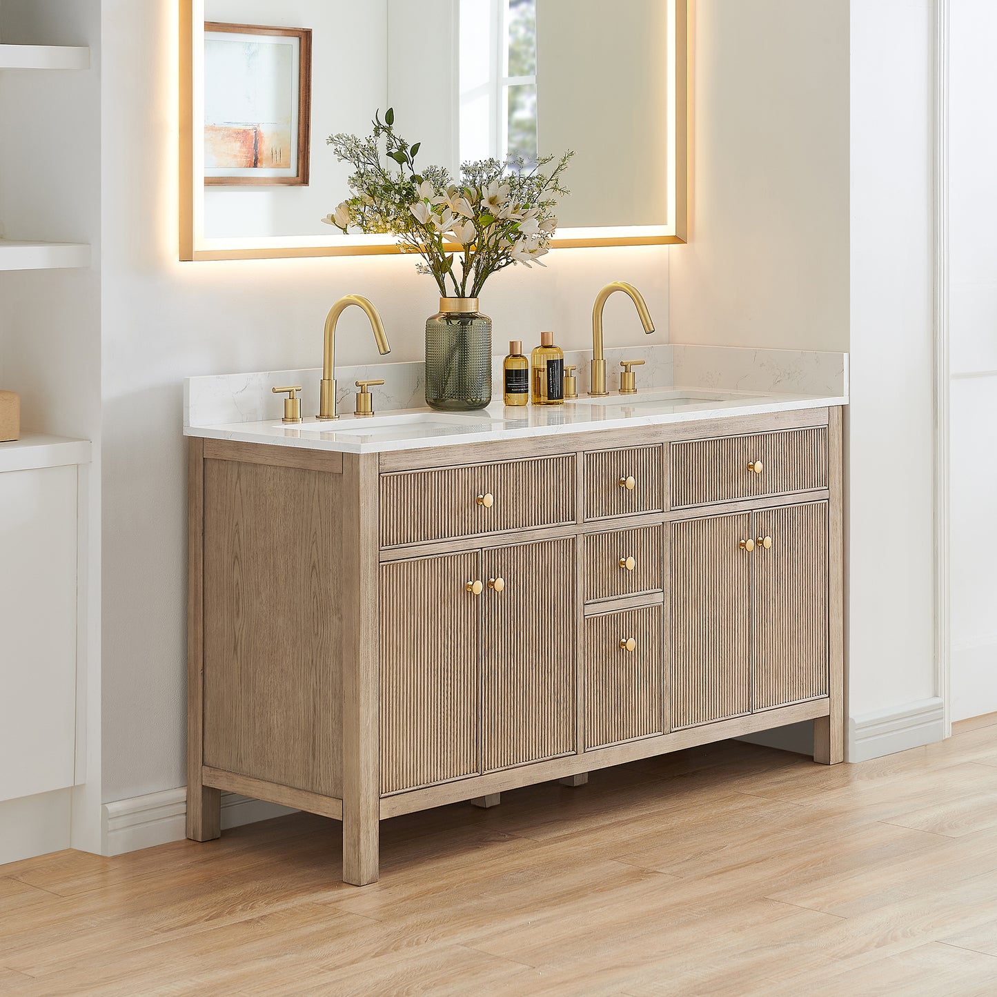 Altair Cerrito 60" Double Sink Bathroom Vanity, Natural Oak, Stone Top