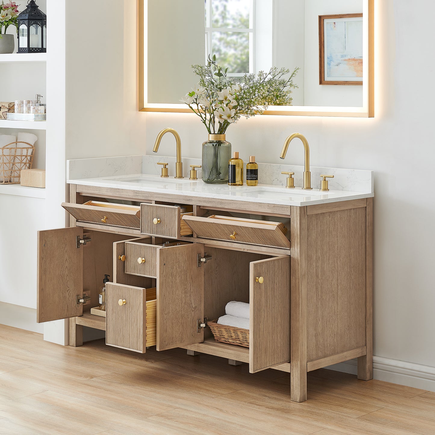 Altair Cerrito 60" Double Sink Bathroom Vanity, Natural Oak, Stone Top