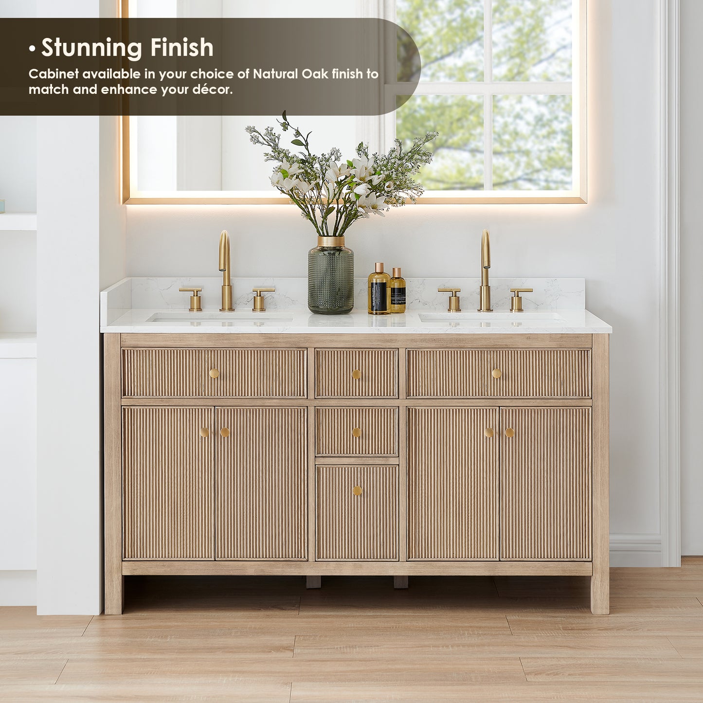 Altair Cerrito 60" Double Sink Bathroom Vanity, Natural Oak, Stone Top