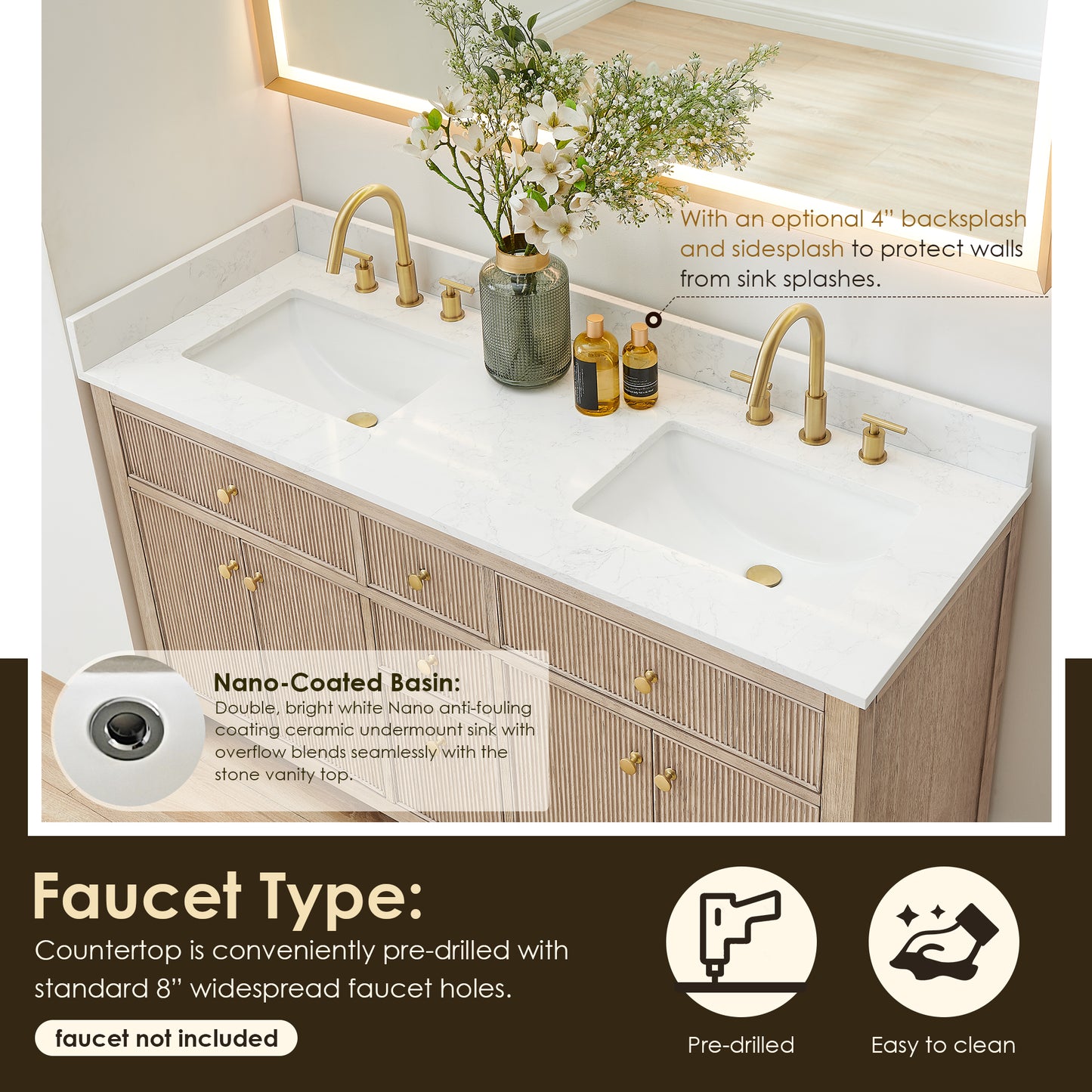 Altair Cerrito 60" Double Sink Bathroom Vanity, Natural Oak, Stone Top