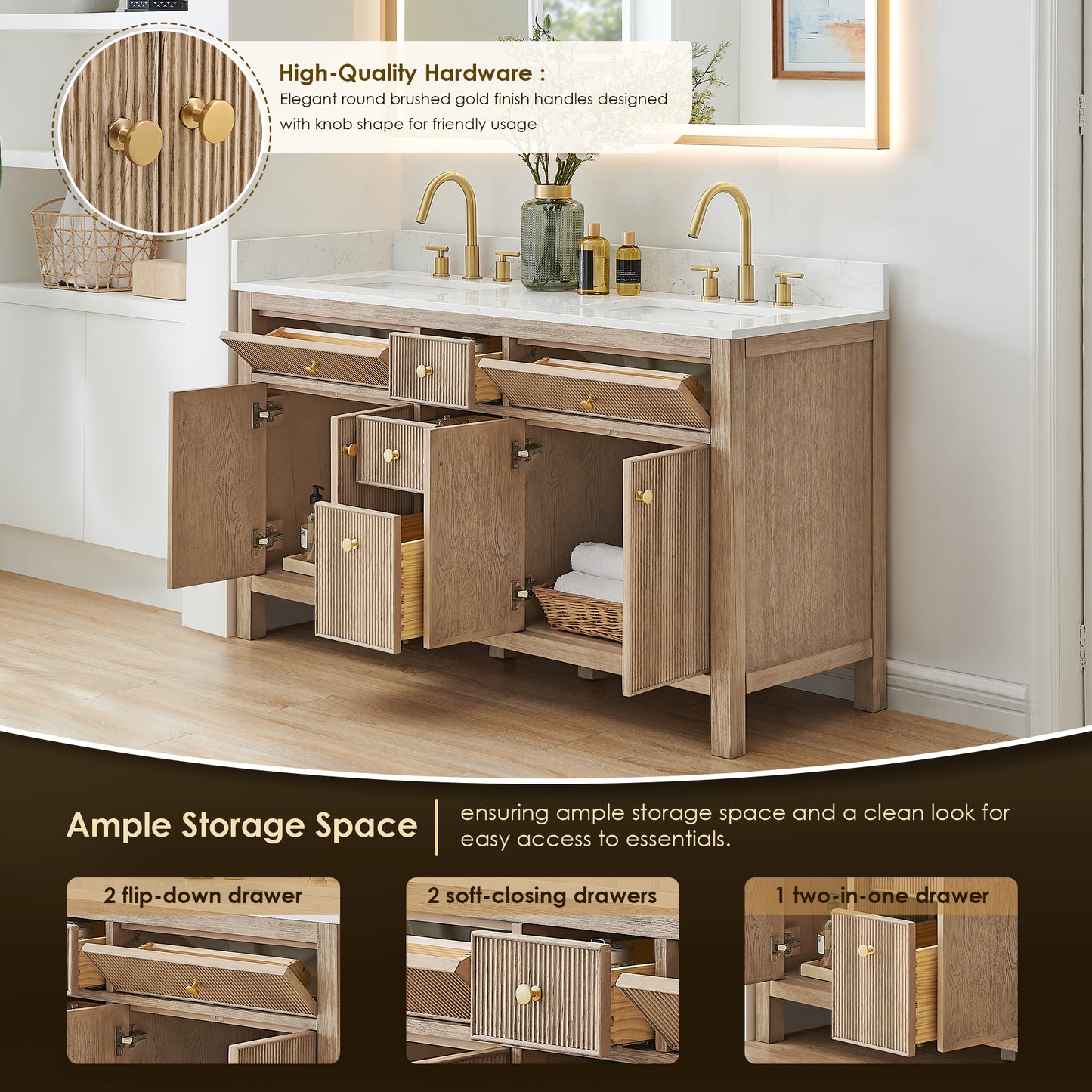 Altair Cerrito 60" Double Sink Bathroom Vanity, Natural Oak, Stone Top
