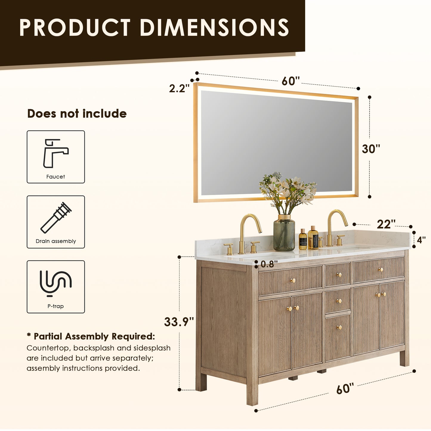 Altair Cerrito 60" Double Sink Bathroom Vanity, Natural Oak, Stone Top
