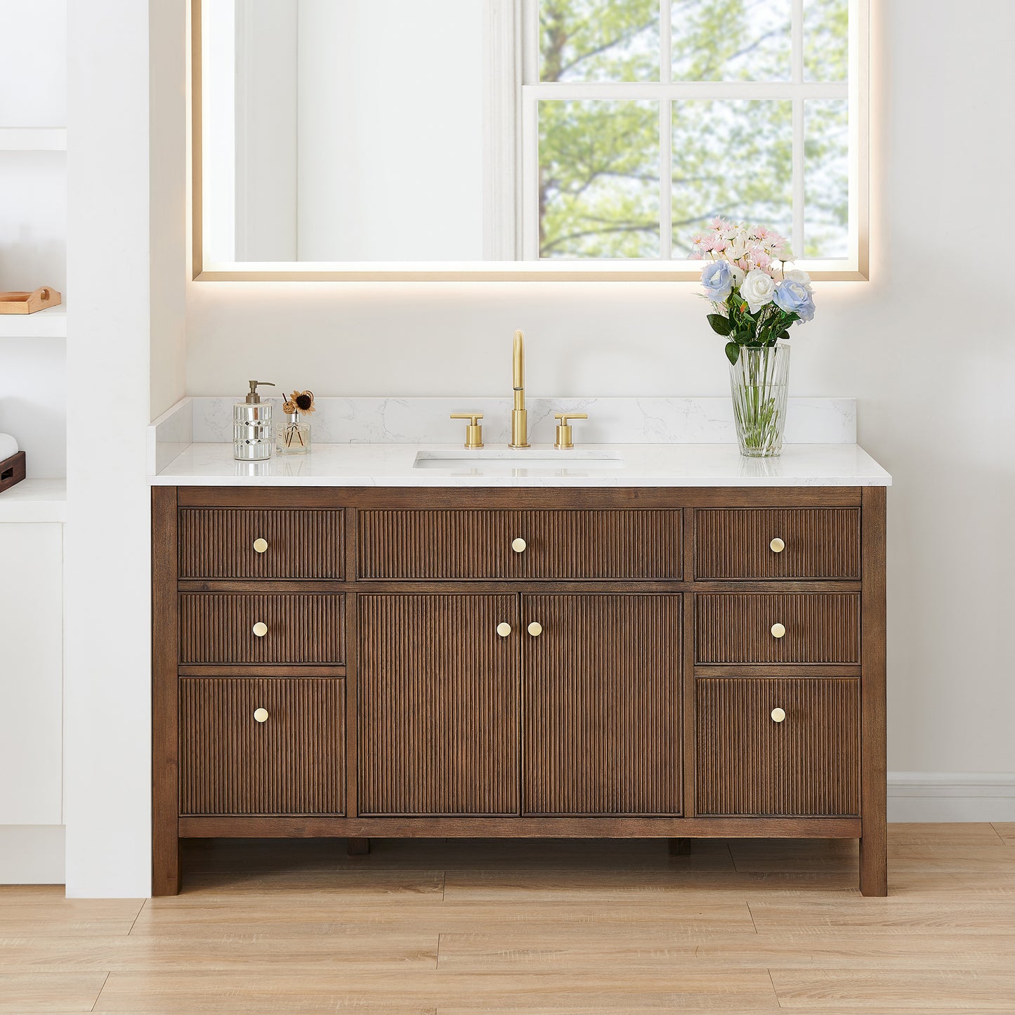 Altair Cerrito 60" Single Sink Bathroom Vanity, Natural Oak, Stone Top