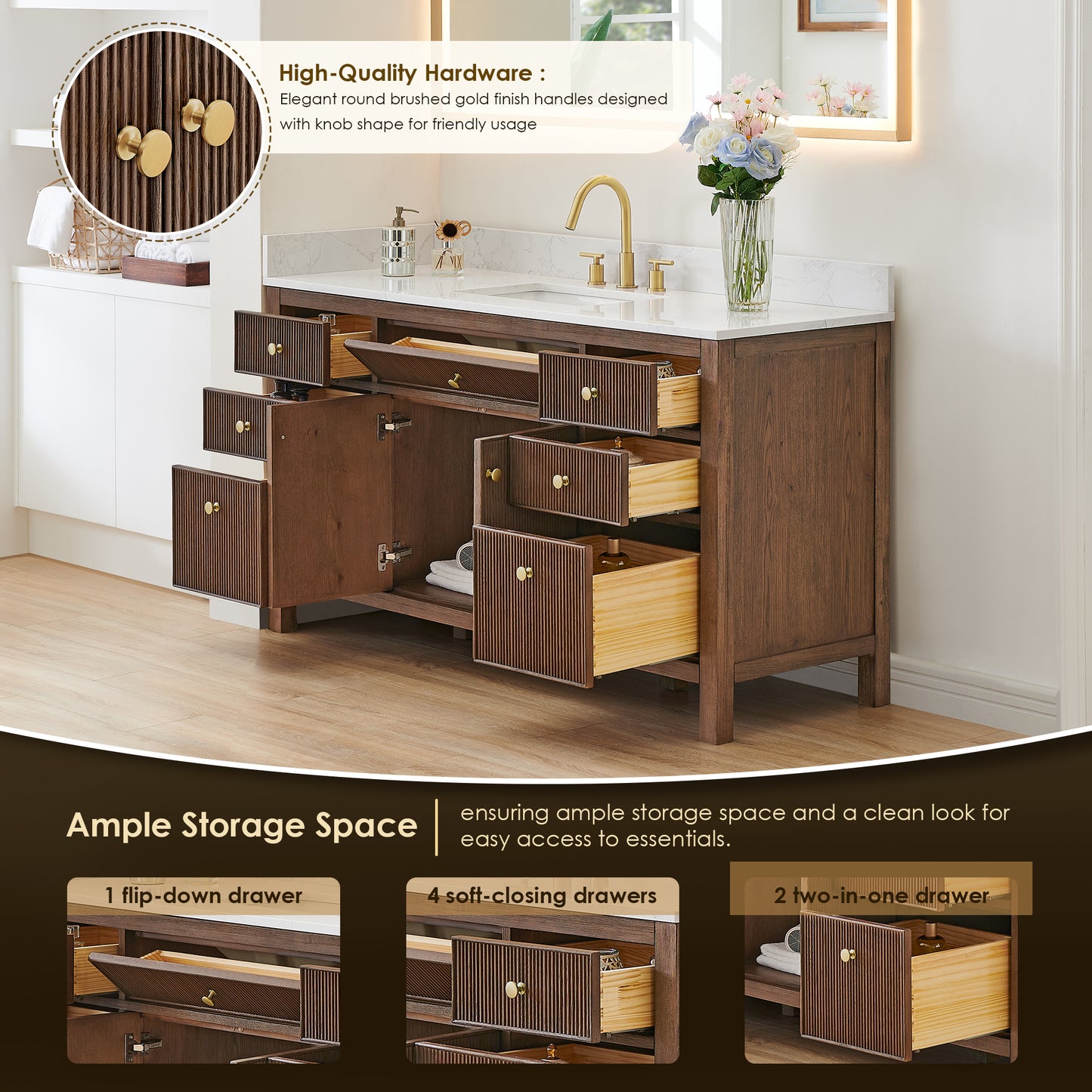 Altair Cerrito 60" Single Sink Bathroom Vanity, Natural Oak, Stone Top