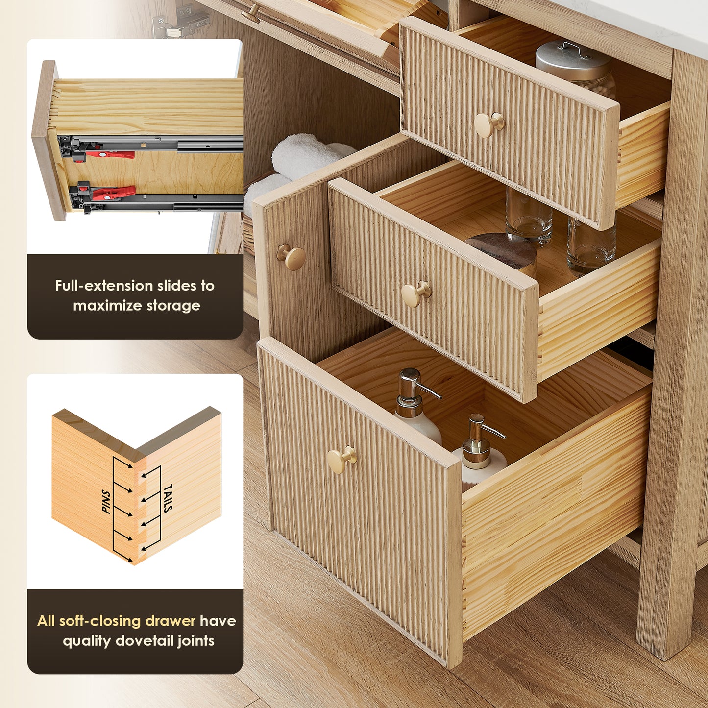 Altair Cerrito 60" Single Sink Bathroom Vanity, Natural Oak, Stone Top