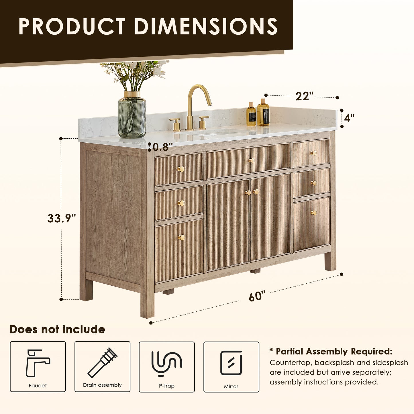 Altair Cerrito 60" Single Sink Bathroom Vanity, Natural Oak, Stone Top