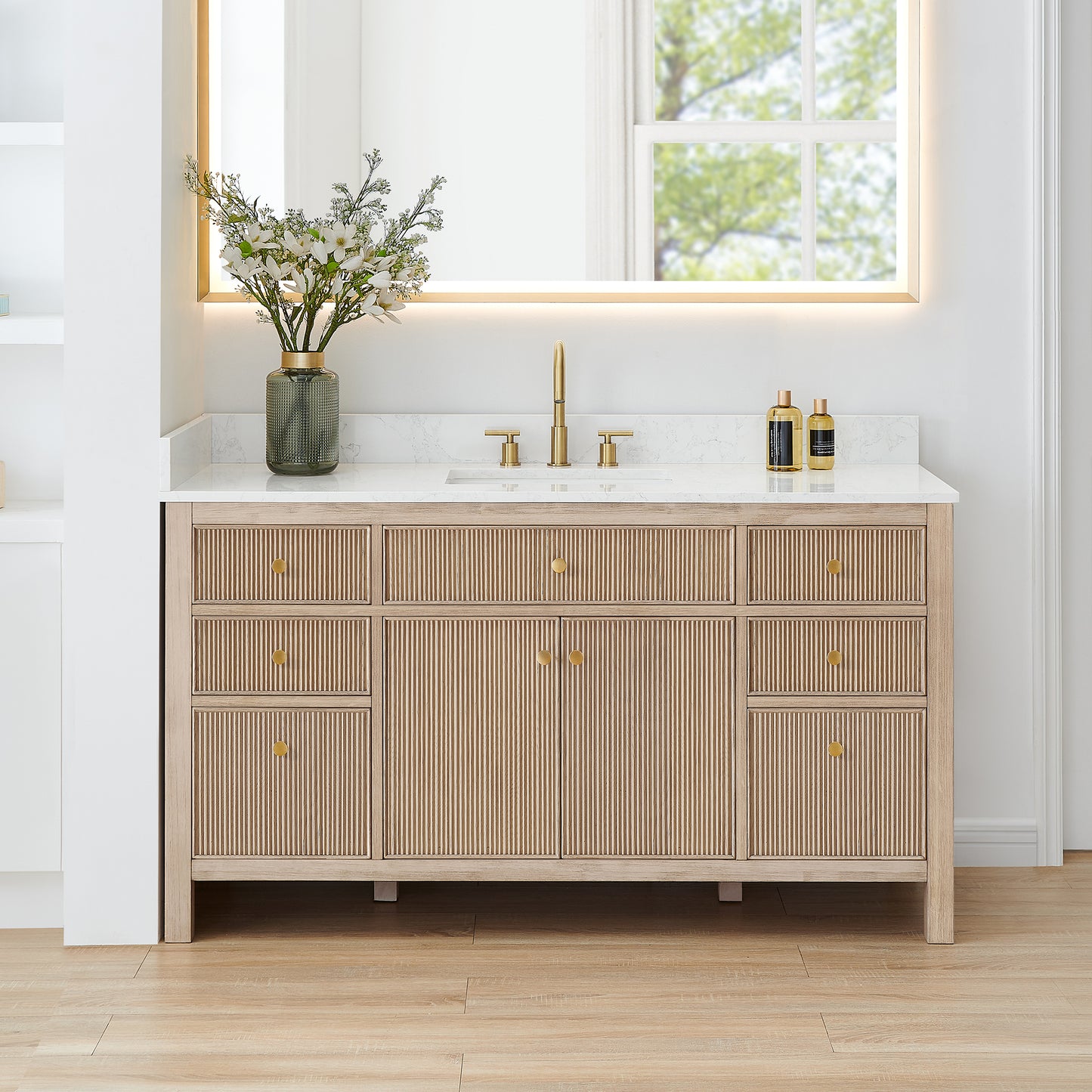 Altair Cerrito 60" Single Sink Bathroom Vanity, Natural Oak, Stone Top