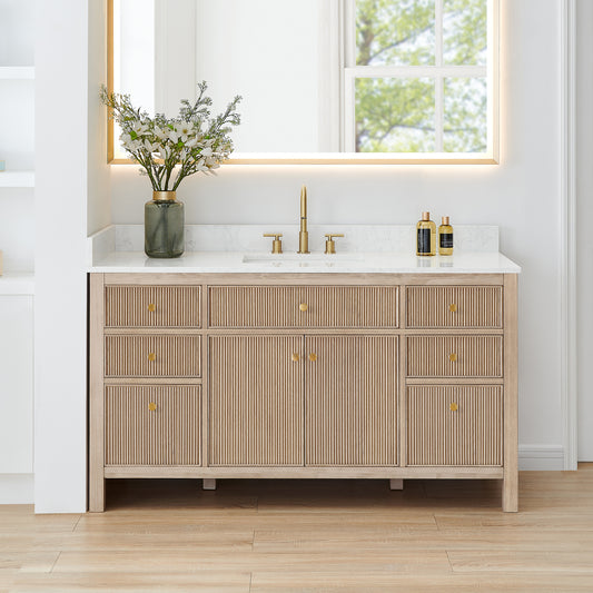 Altair Cerrito 60 Single Sink Bathroom Vanity featuring natural oak finish and stone top in a modern bathroom setting.