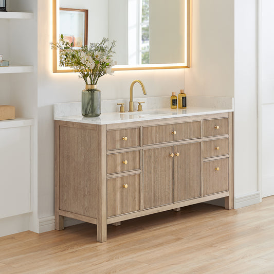 Altair Cerrito 60" Single Sink Bathroom Vanity, Natural Oak, Stone Top