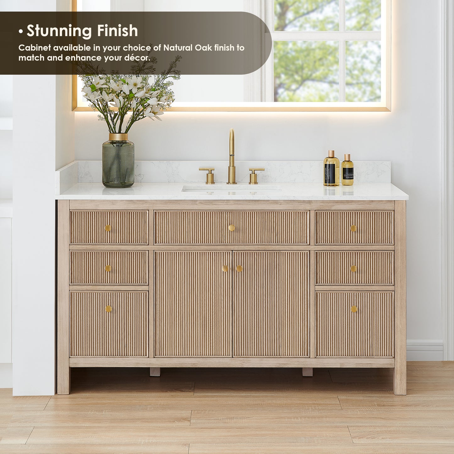 Altair Cerrito 60" Single Sink Bathroom Vanity, Natural Oak, Stone Top