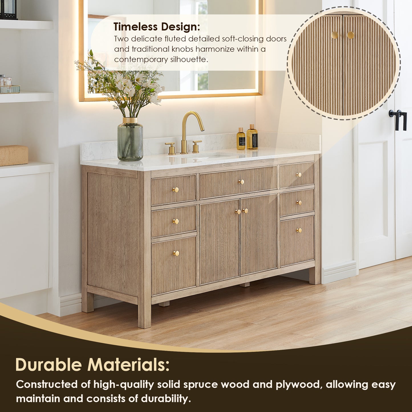 Altair Cerrito 60" Single Sink Bathroom Vanity, Natural Oak, Stone Top