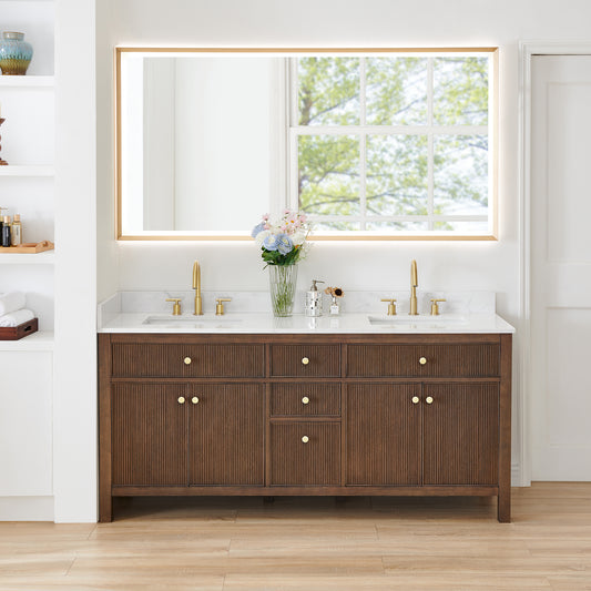 Altair Cerrito 72 Double Sink Bathroom Vanity with natural oak finish and stone top in a modern bathroom setting.