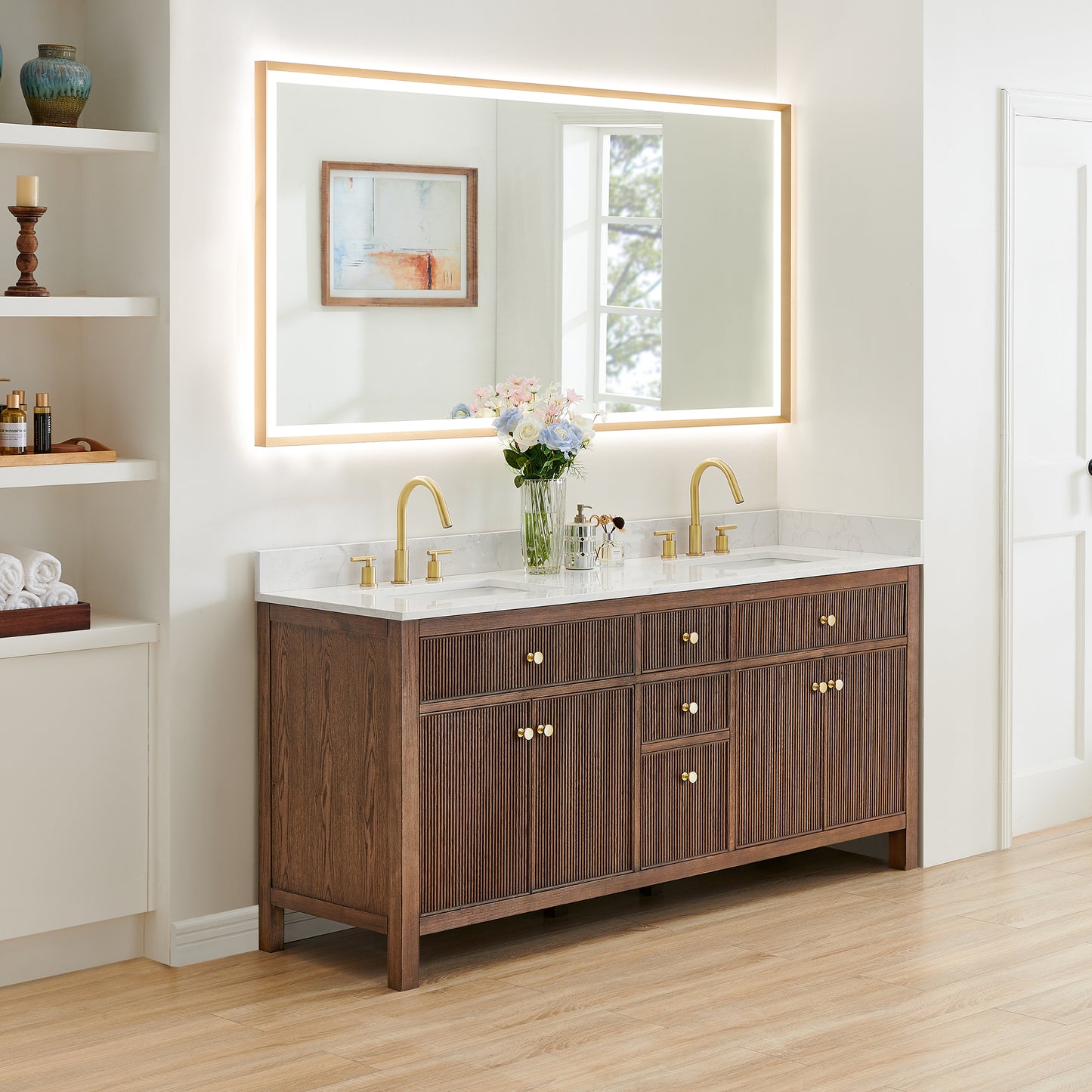 Altair Cerrito 72" Double Sink Bathroom Vanity, Natural Oak, Stone Top