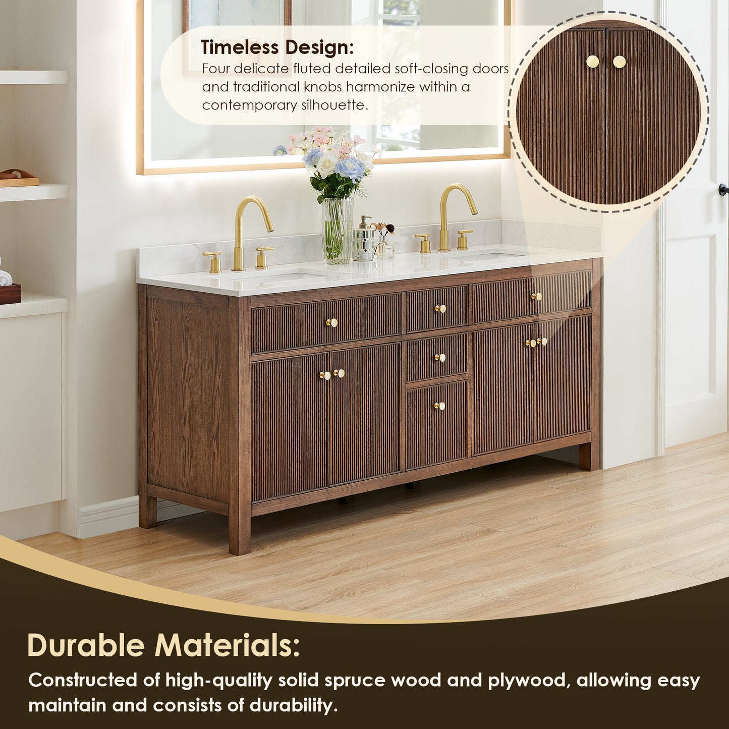 Altair Cerrito 72" Double Sink Bathroom Vanity, Natural Oak, Stone Top